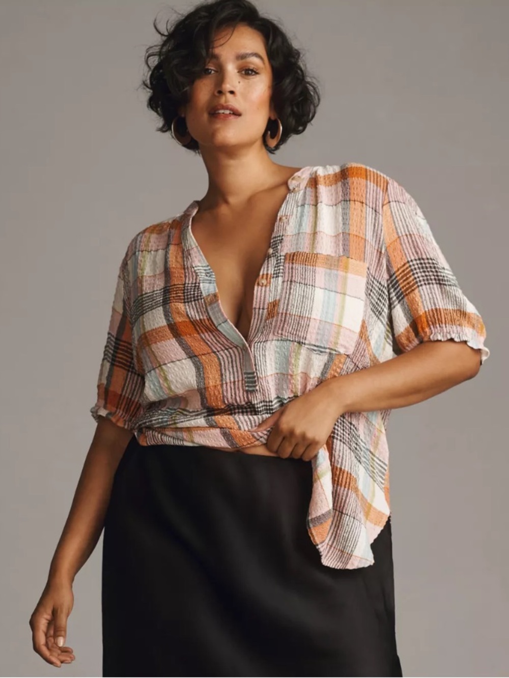 Pilcro Aly Puff-Sleeve Plaid Blouse